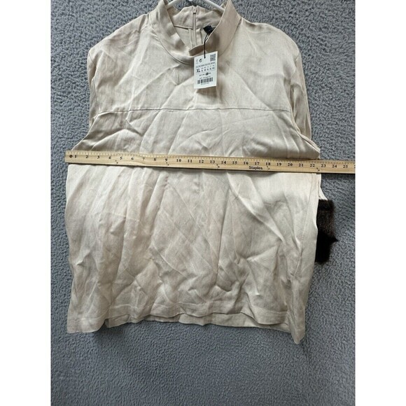 Zara Women Shirt Womens XL Beige cream Blouse Fur Cuffs Mock Neck Back Zipper - Picture 6 of 10